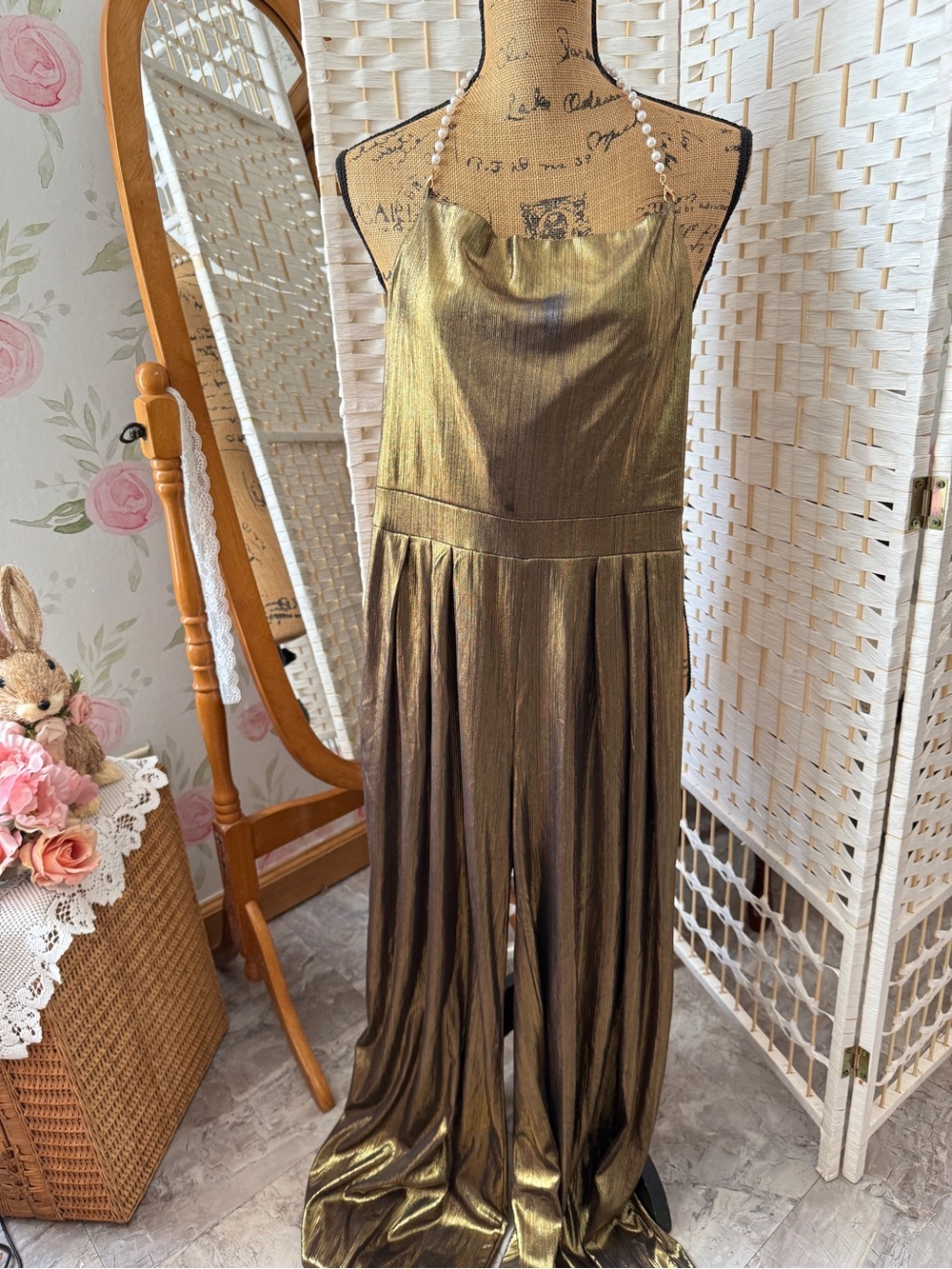* Flawed* Metallic Gold Pearl Halter Jumpsuit